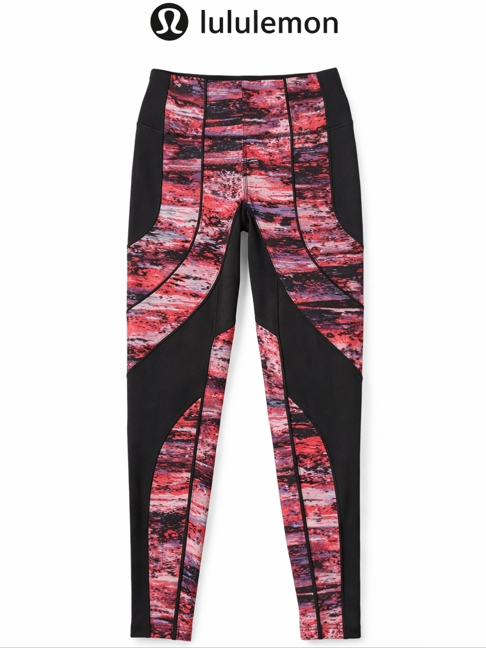 Lululemon Sculpted Panel Leggings Size 4  Black & Pink Print 11.5"x38" Yoga Gym
